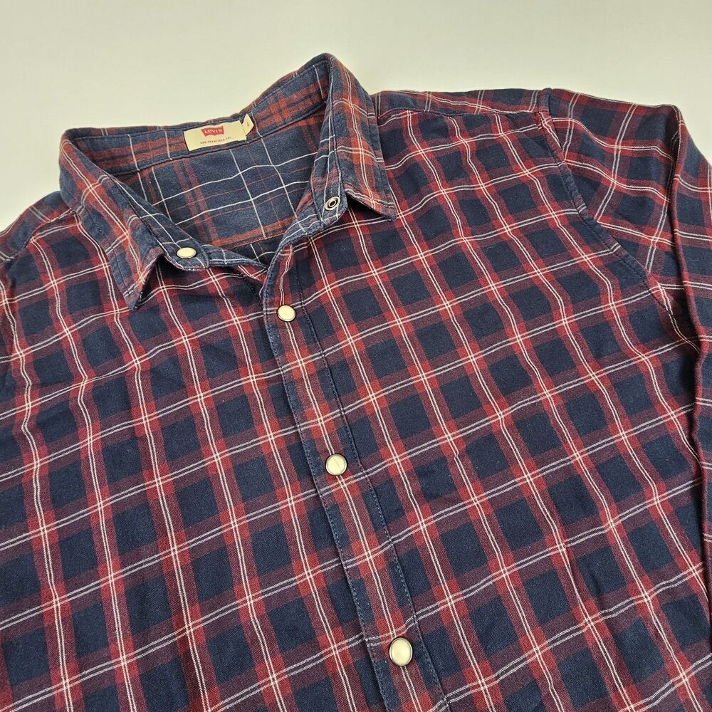 Levis Mens XL Western Shirt Red Blue Plaid Pearl Snap Long Sleeve Cowboy